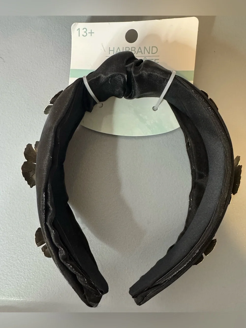 Black Floral Satin top knot Headband with classy metal floral gold tone accents